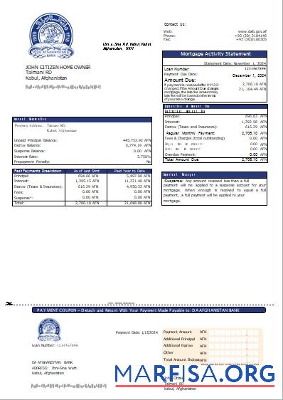Downloadable Afghanistan Da Afghanistan Bank mortgage statement scr download for verification
